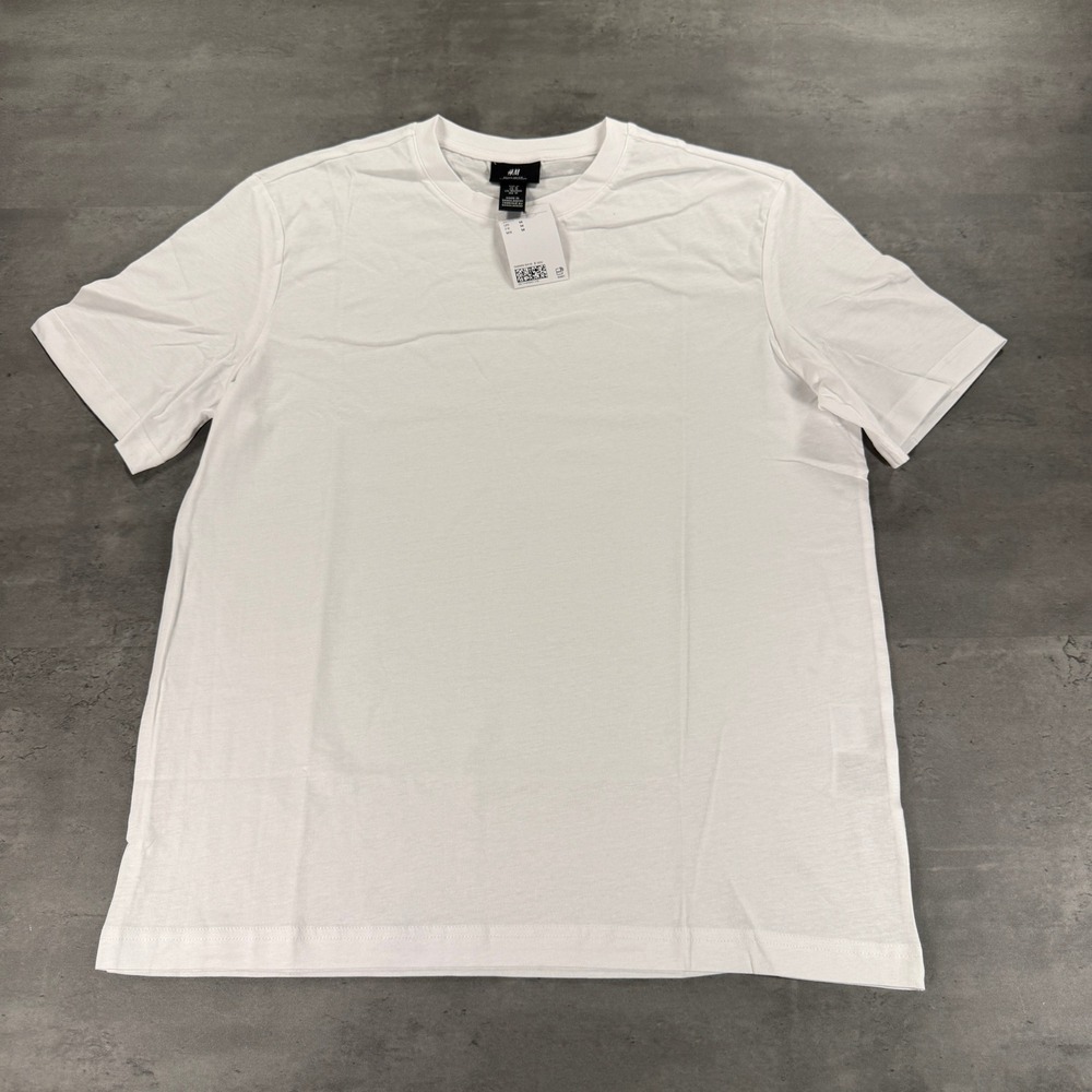 H&M T-Shirt Mens Medium Regular Fit White Solid Basic Cotton NEW Essential Tee